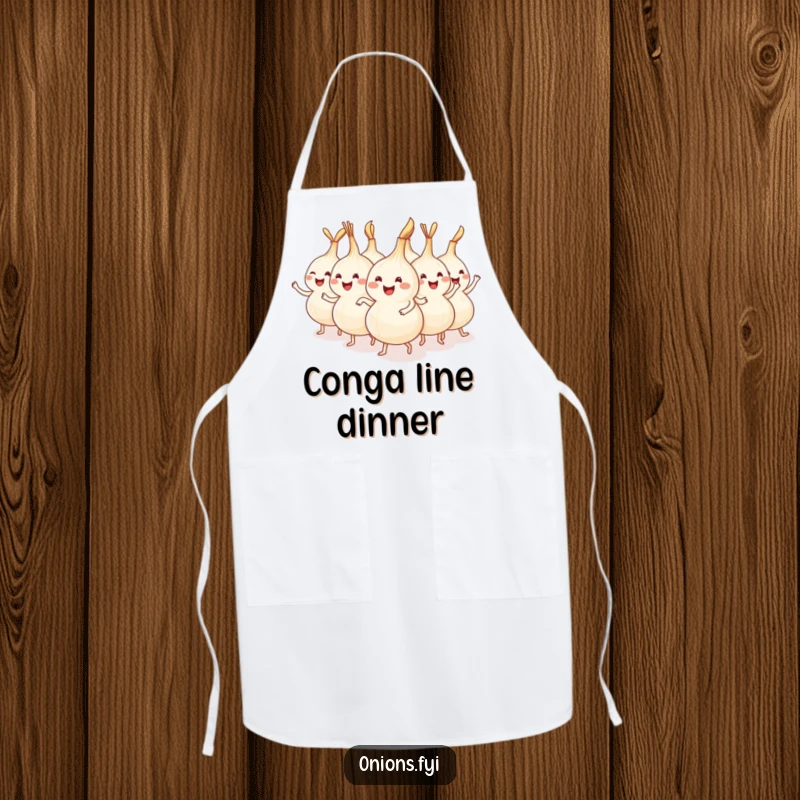 Funny onion characters in an apron, dancing in a conga line, ready for a festive meal.