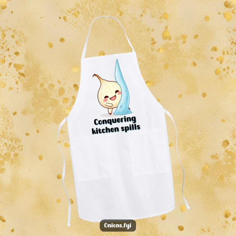 Funny Onion Apron: Determined onion character climbs a huge water droplet, bringing humor and motivation to cooking.