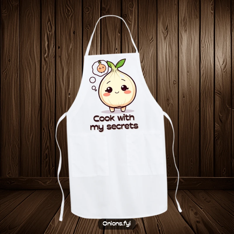 Funny Onion Apron with a cartoon onion character and a winking onion thought bubble, ideal for kitchen humor.