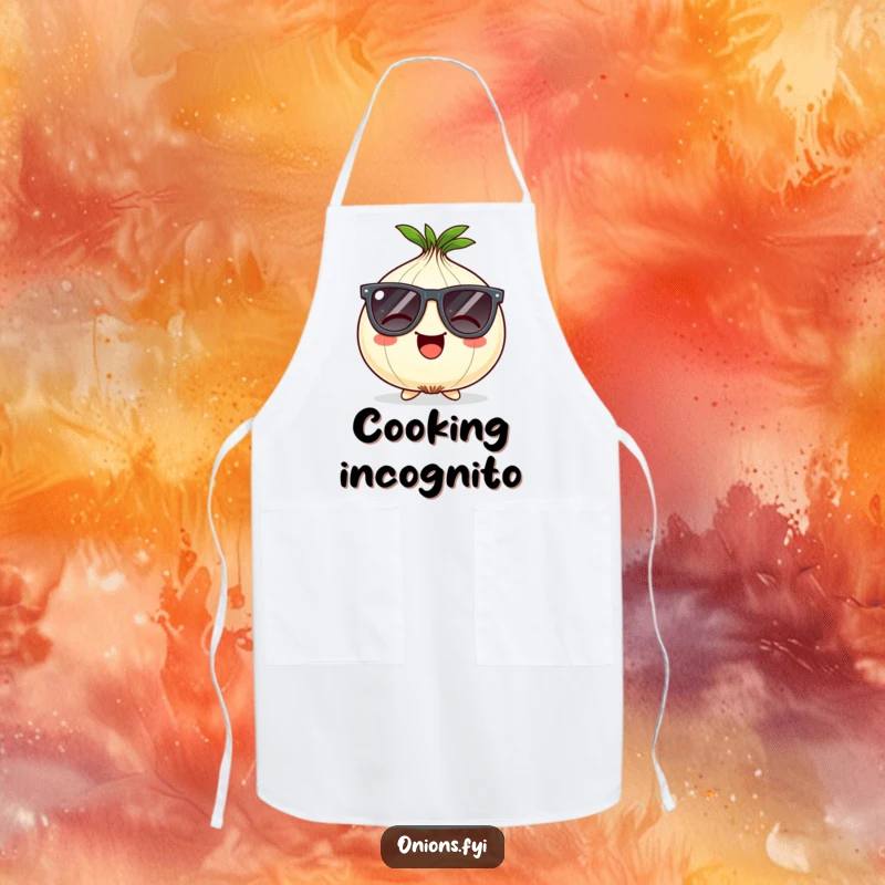 Funny Onion Apron: Giggling onion character wears oversized comical sunglasses, bringing cool humor to cooking.