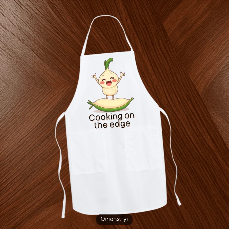 Funny onion character balancing on a rolling pea, a humorous and protective apron for kitchen use.