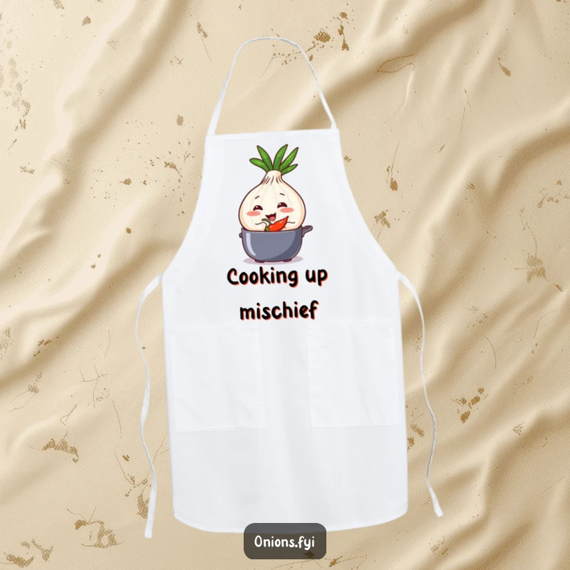 Funny onion character in an apron, grinning while adding a chili pepper to a cooking pot.