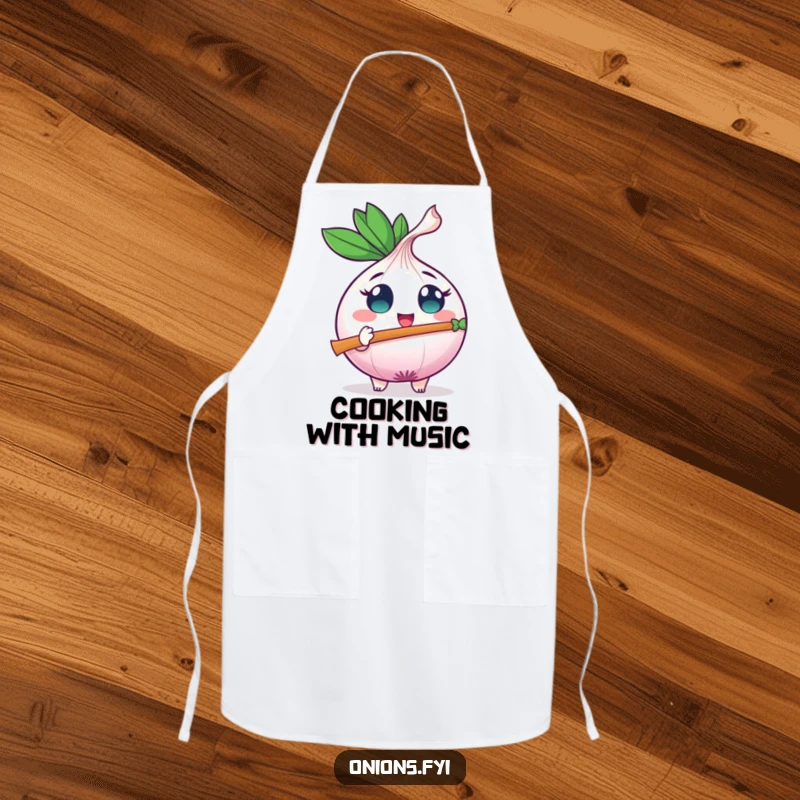 Funny onion character plays a leaf flute while wearing an apron, adding musical cheer to kitchen tasks.