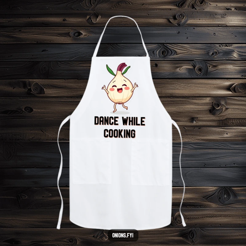 Funny apron with a Kawaii onion character joyfully performing a dance, great for kitchen fun and a funny gift.