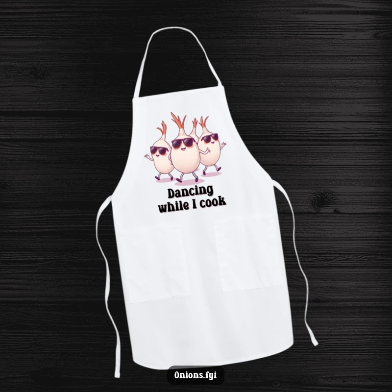 Funny onions wearing sunglasses dancing energetically, kitchen apron, cool party attire, funny gift.