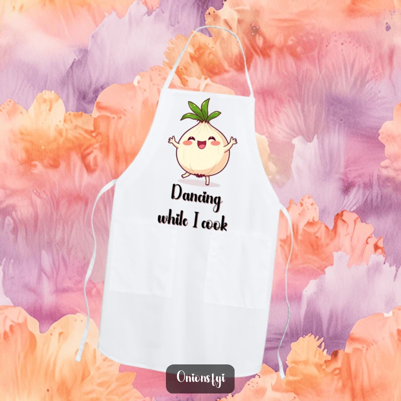 Funny Onion Apron: Joyful onion character dances with its leafy top spinning, bringing fun to the kitchen.