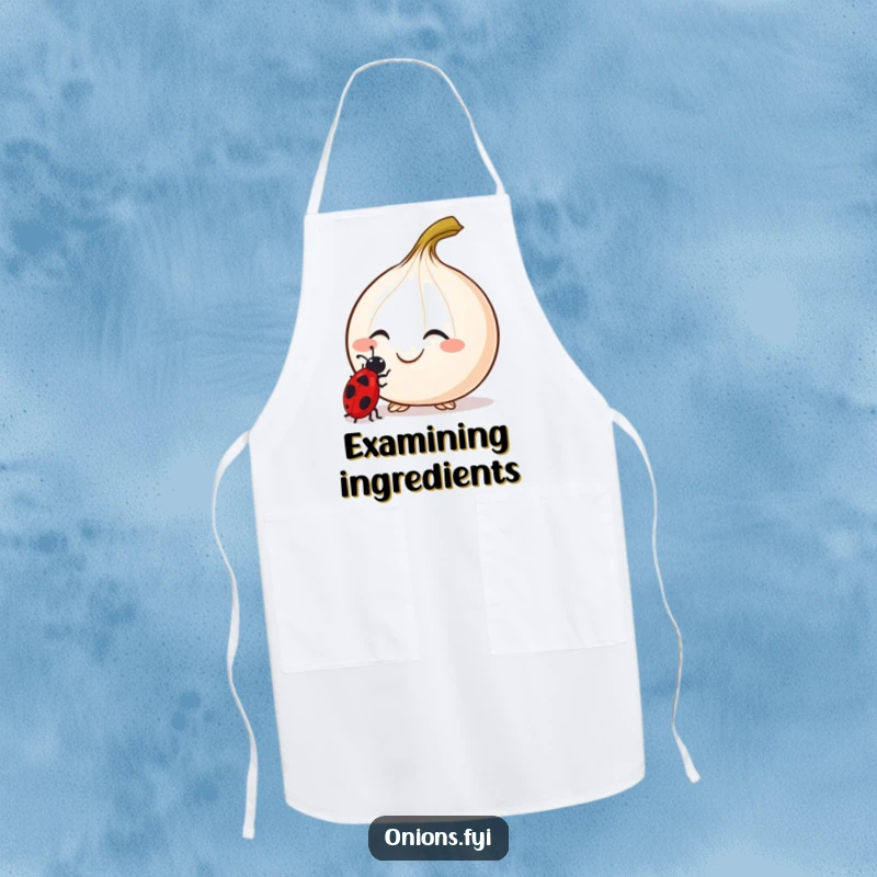 Funny Curious Onion Apron with a smiling onion and antennae examining a ladybug, ideal for cooking.