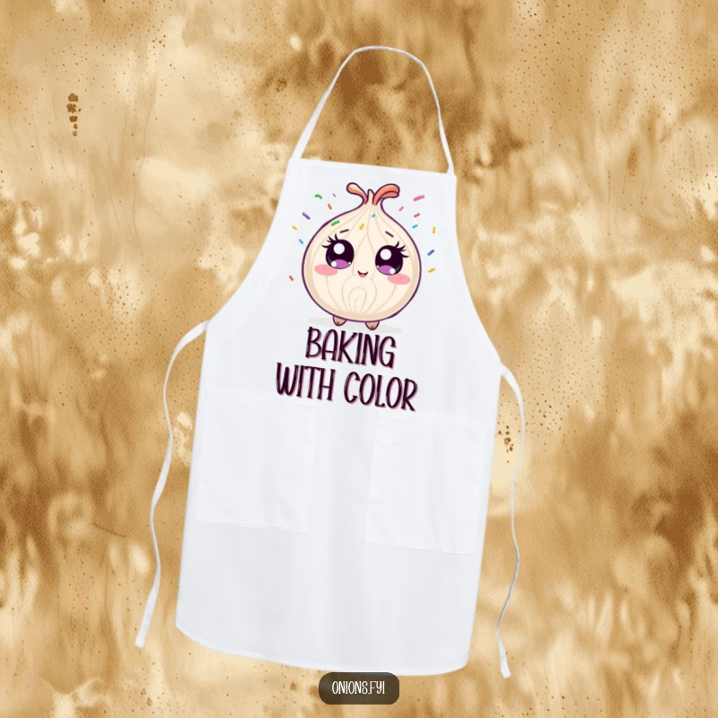 Funny onion character showered by rainbow sprinkles, a humorous and protective apron for kitchen use.