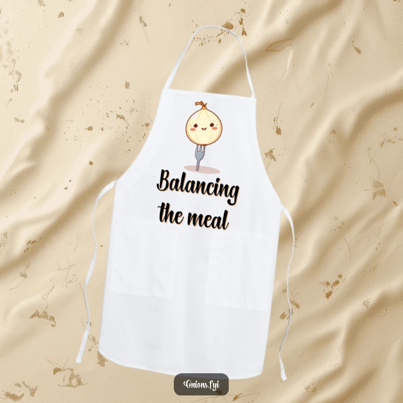 Funny balancing onion apron, a round onion character comically balanced on a tiny fork, humorous kitchen attire.