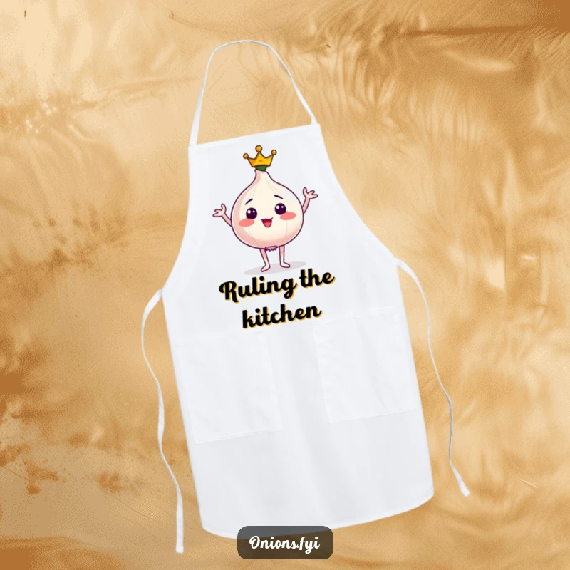 Funny apron depicting a proud onion character wearing a tiny crown and striking a regal pose, ideal for kitchen royalty.