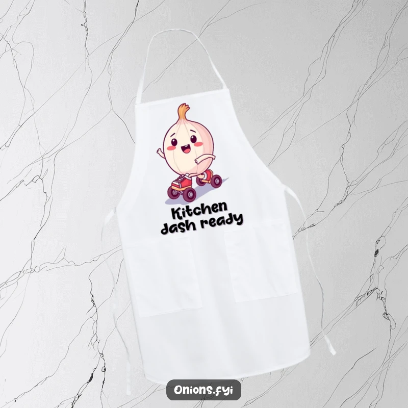 Funny apron depicting a happy onion character wearing tiny roller skates and zooming, ideal for kitchen fun and speed.