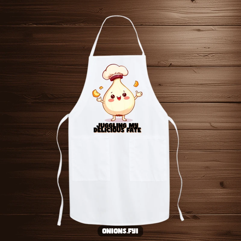 Funny chef onion character depicted juggling slices, a humorous and protective apron for cooking adventures.