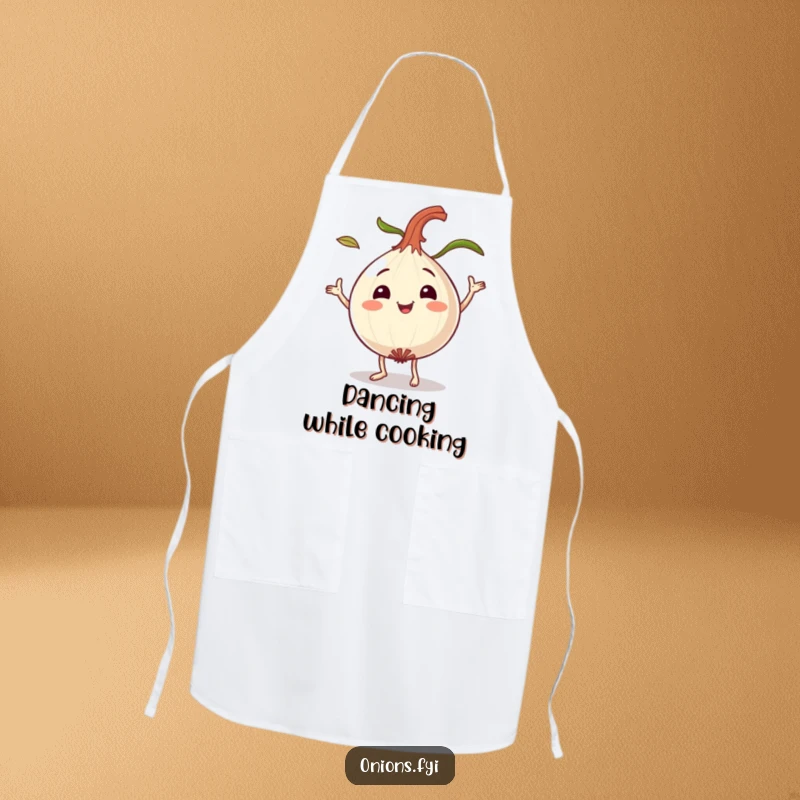 Funny dancing onion apron, a smiling onion character playfully dancing with leaves flying, humorous kitchen wear.