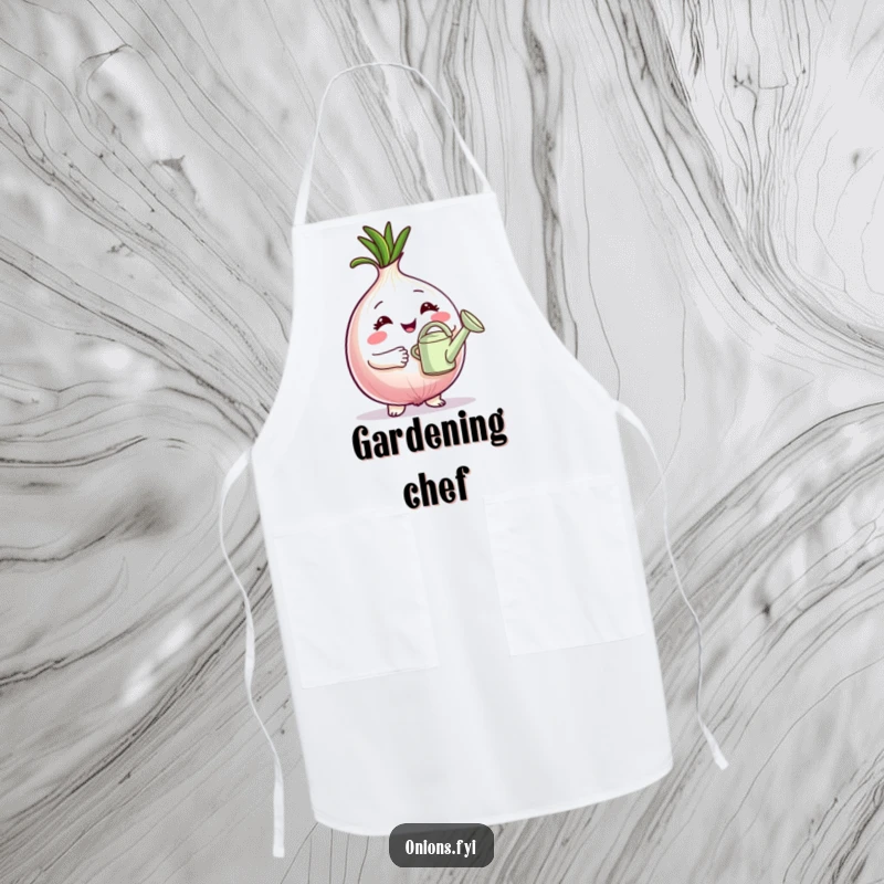 Funny Apron: Proud onion character holding a tiny watering can, bringing gentle gardening humor to the kitchen or garden. A unique funny gift.