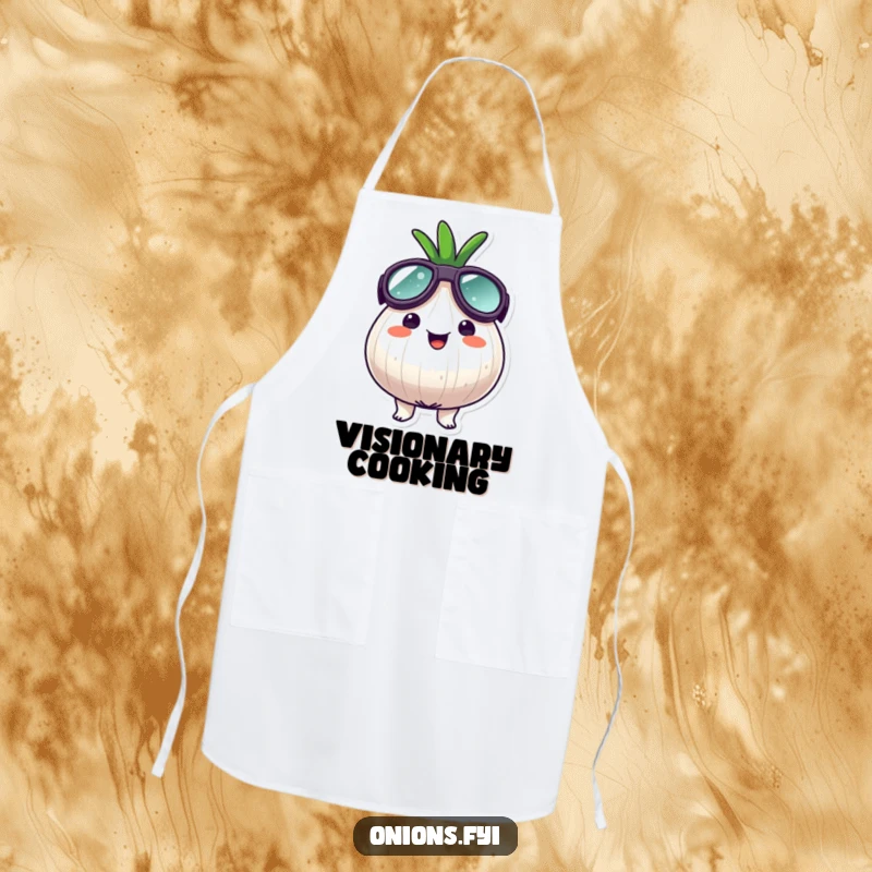 Funny goggle onion apron, an onion character wearing oversized goggles, looking surprisingly happy, humorous kitchen wear.