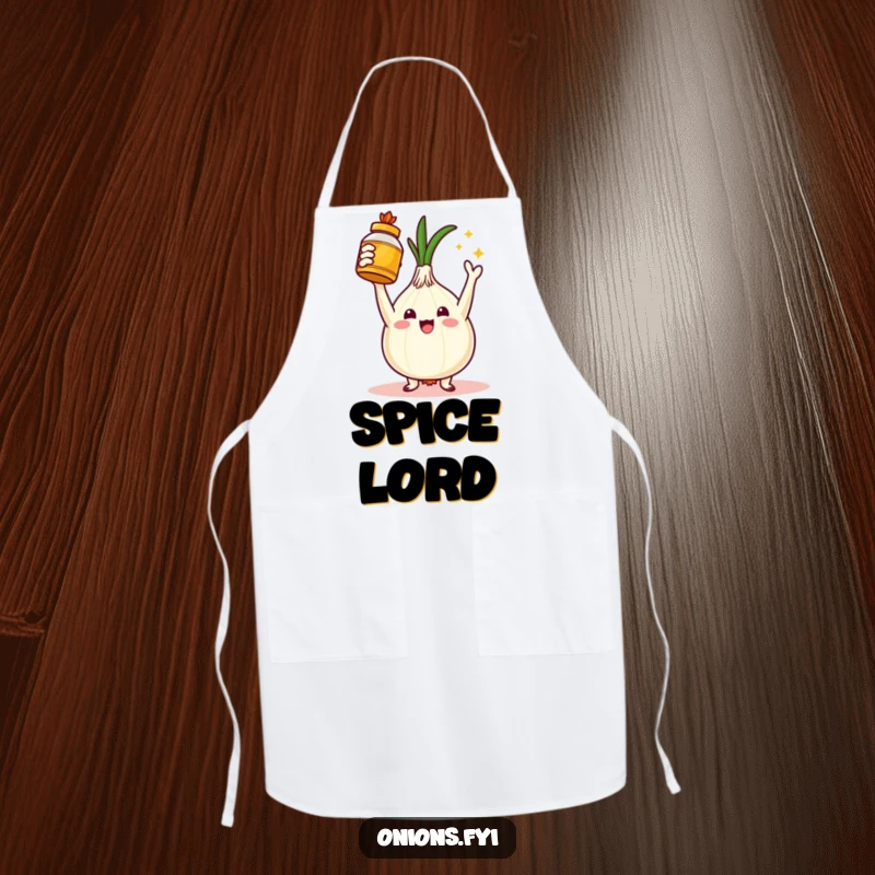 Funny apron with a triumphant onion character holding a golden spice jar, symbolizing culinary mastery and delicious results. Great gift for chefs.