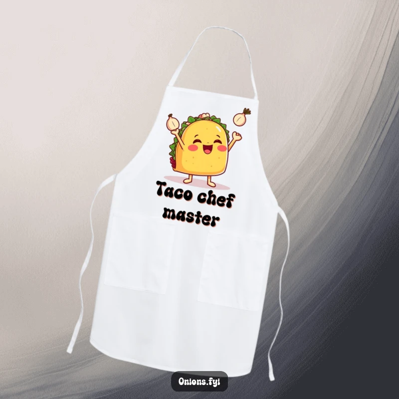 Funny taco apron, a jubilant taco with tiny arms juggling three small onions, durable and amusing kitchen wear.