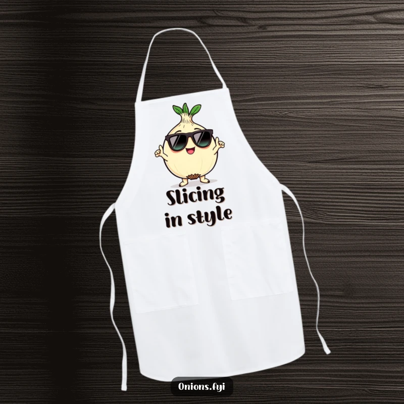 Funny kawaii onion character wearing sunglasses and striking a cool pose on a kitchen apron for humorous cooking.