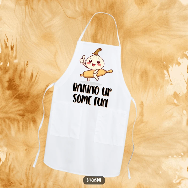 Funny Kawaii onion character riding a rolling pin giving thumbs up, durable apron with cute, humorous kitchen theme, culinary fun accessory.