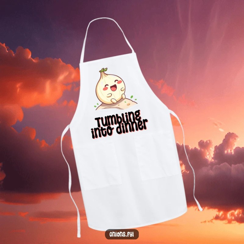 Funny Kawaii onion character laughing while rolling down a hill, durable apron with playful and humorous kitchen theme, culinary fun accessory.