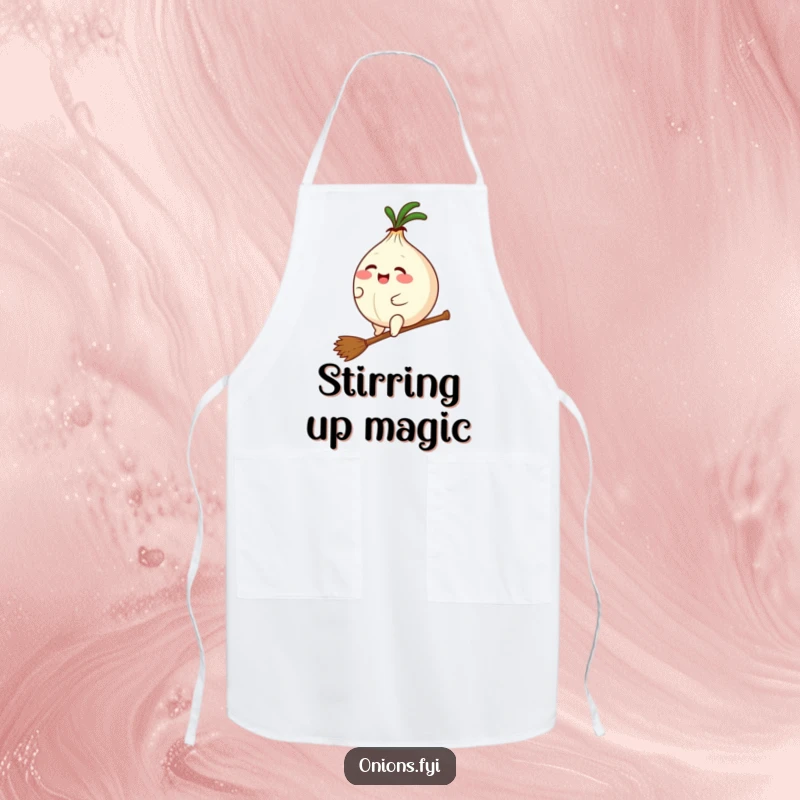 Funny apron showcasing a plump kawaii onion giggling while riding a tiny broomstick, ready for magical culinary adventures with humor.