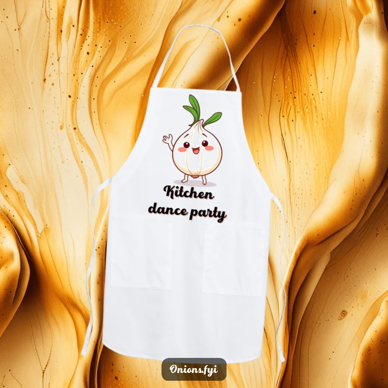 Funny Kawaii Onion Dance Apron: Adorable onion character dancing silly, leafy top waving, ideal funny gift.