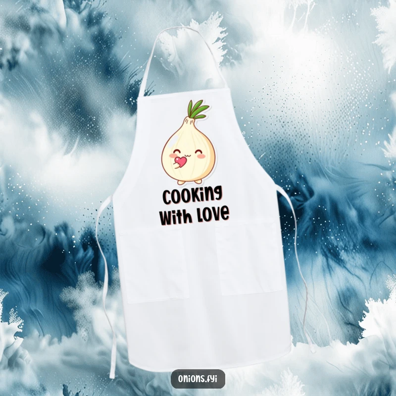 Funny Kawaii onion character holding a tiny heart above its head with affection, durable apron with cute and loving theme, culinary fun accessory.