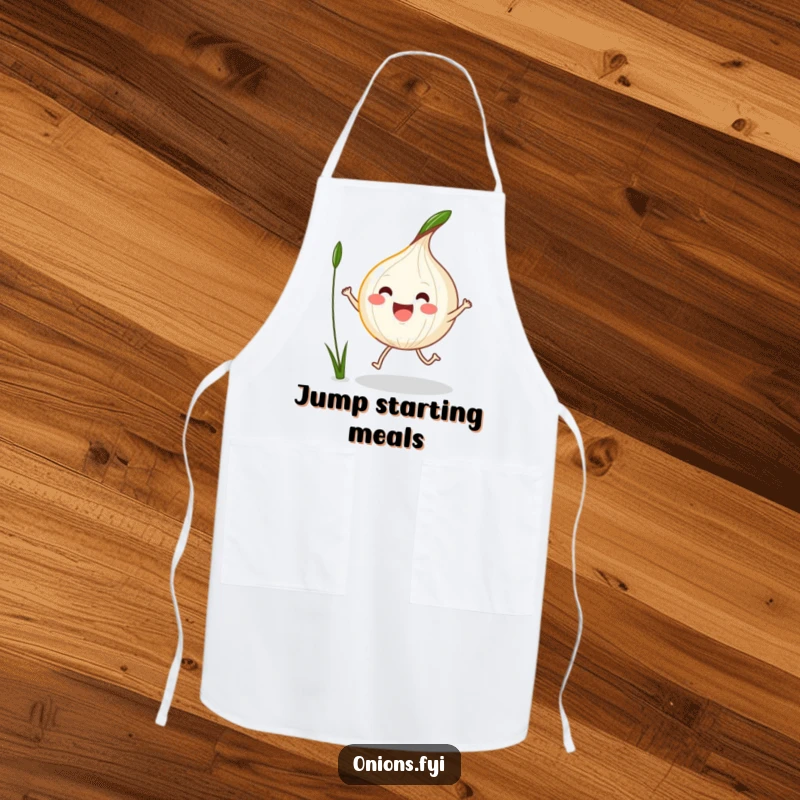 Funny Kawaii Onion Apron with an excited onion jumping rope with a blade of grass, for active cooks.