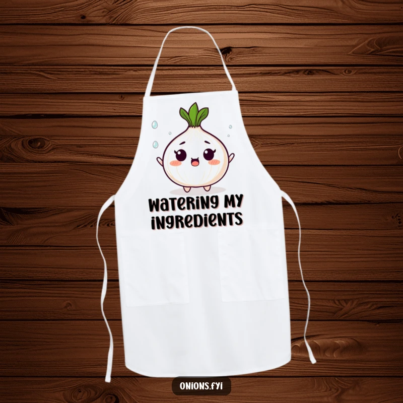Funny apron showing a surprised onion character juggling tiny, shining droplets, perfect for a humorous and busy cook.