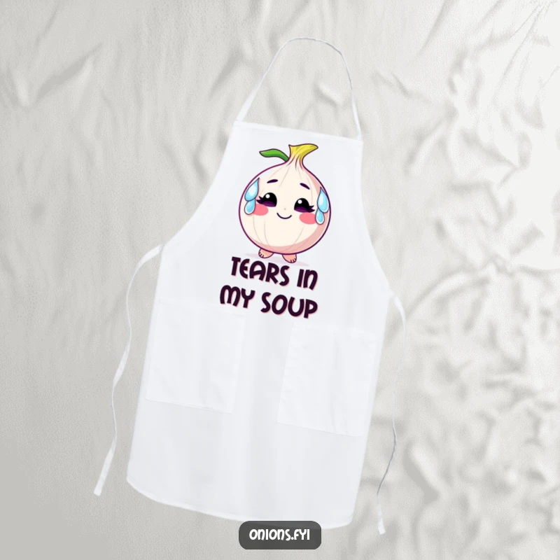 Funny apron showing a smiling onion character wearing comical tears as earrings, perfect for a humorous cook.