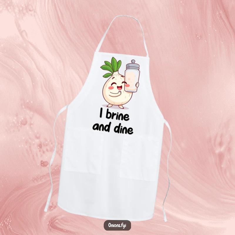 Funny Onion Apron: A cheeky kawaii onion winks, expertly wielding a massive salt shaker, ready for kitchen duty.
