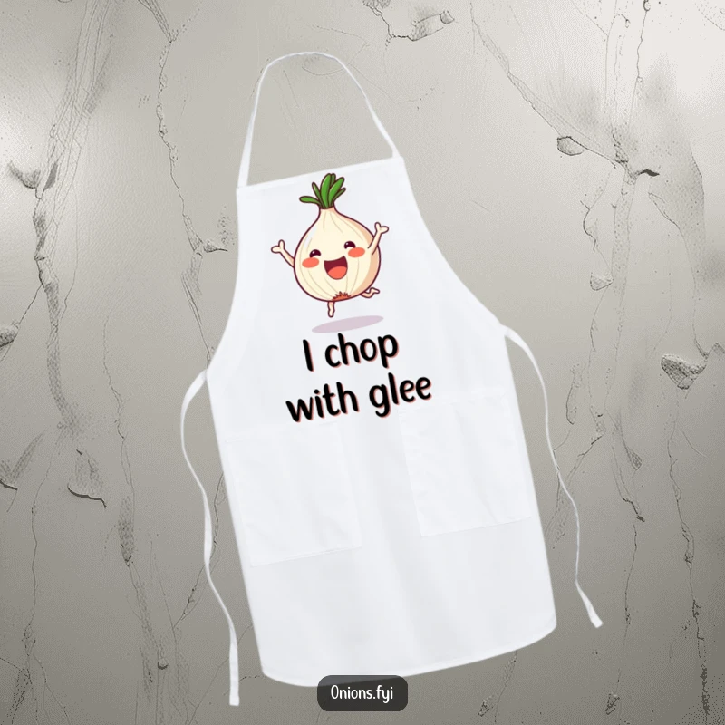 Funny Onion Apron: A kawaii onion celebrates its new fun shapes with pure joy after being chopped, ready to cook.