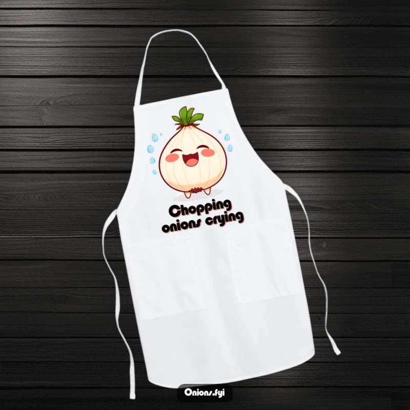 Funny apron featuring a comical onion character bursting into laughter, with water droplets splashing from its eyes and mouth.