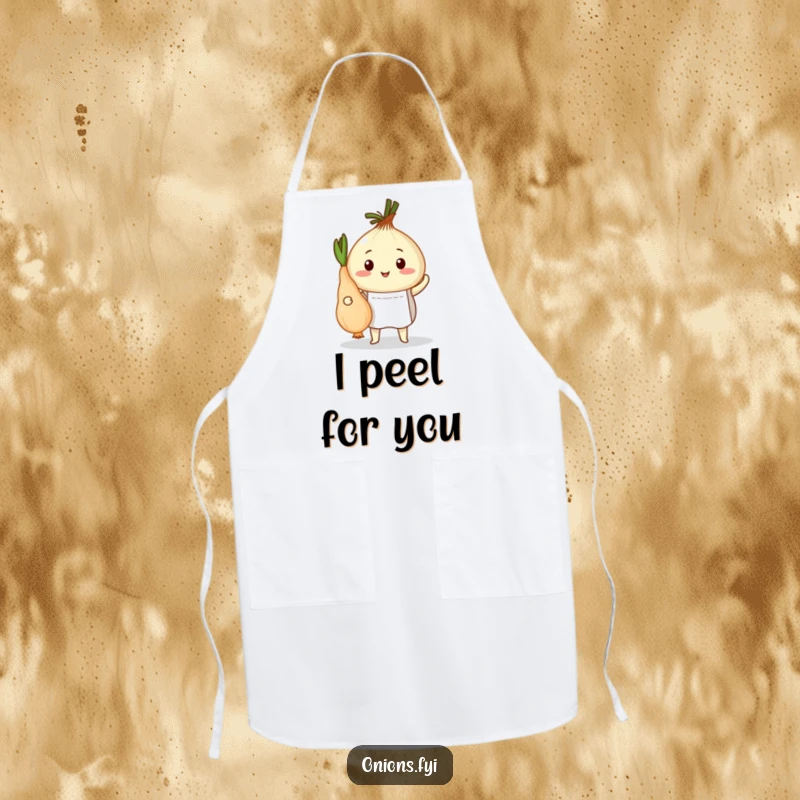 Funny apron featuring an onion chef in an apron proudly presenting a peeled root vegetable, a humorous cooking essential.