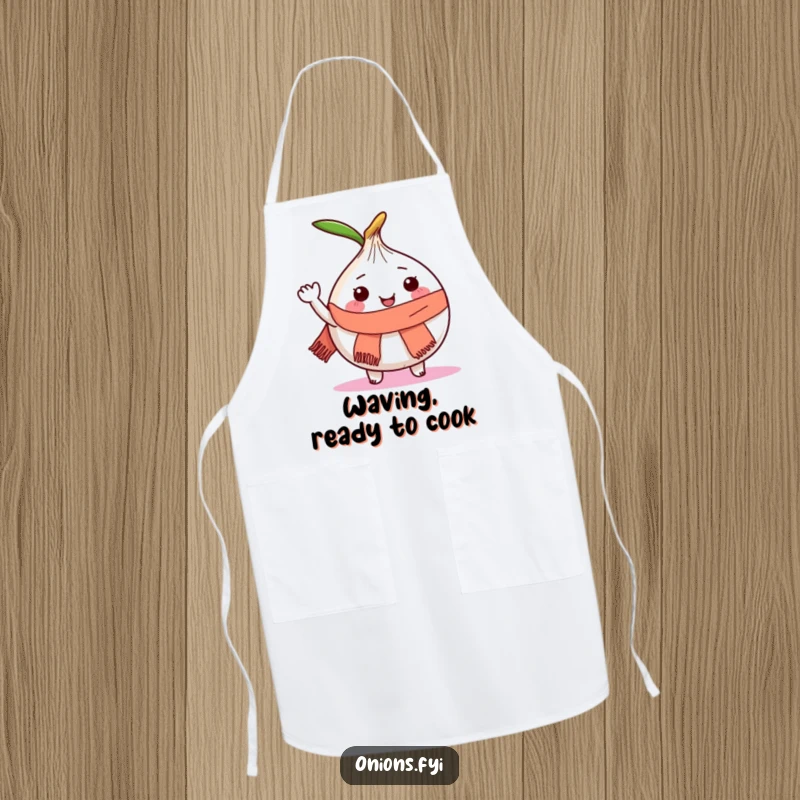 Funny apron with a joyful onion character wearing a scarf and waving happily while cooking.