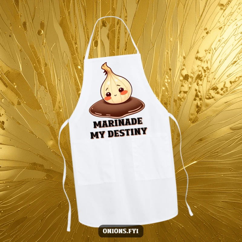 Funny apron depicting an onion bravely exploring a massive drop of soy sauce, ideal for kitchen protection and laughter.