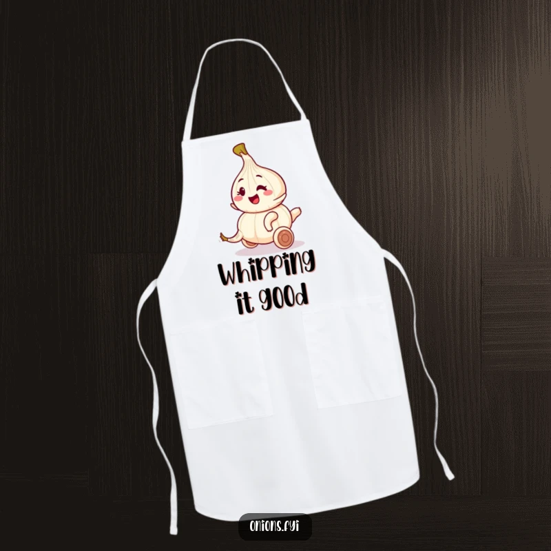 Funny apron showing an onion character winking while riding a rolling garlic clove, perfect for kitchen fun.