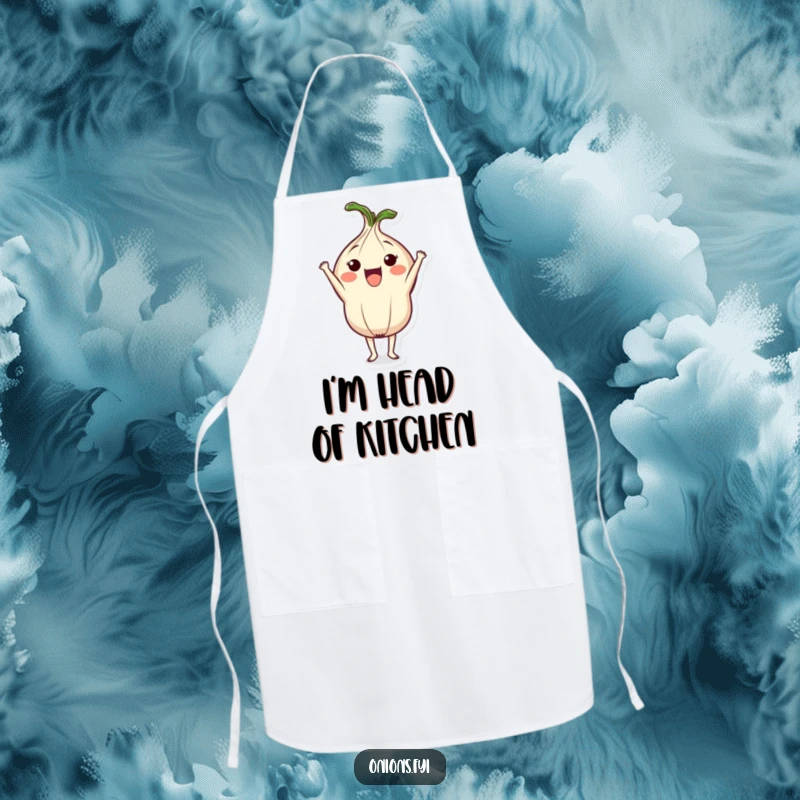 Funny apron featuring a cute onion character in a headstand, making it a humorous and practical accessory for any home cook.
