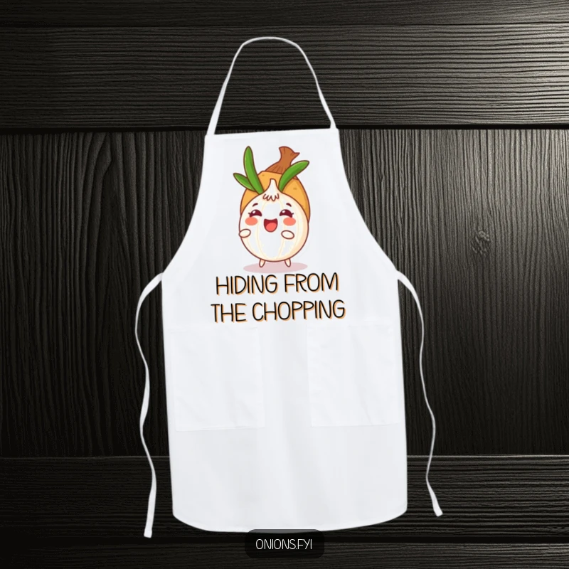Funny onion character playing hide-and-seek on a kitchen apron, ready to bring humor and protection during cooking.