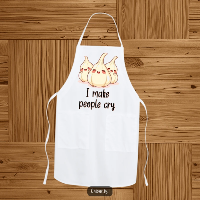 Funny apron featuring giggling onions playing hide-and-seek behind garlic cloves, a whimsical kitchen accessory for cooking fun.