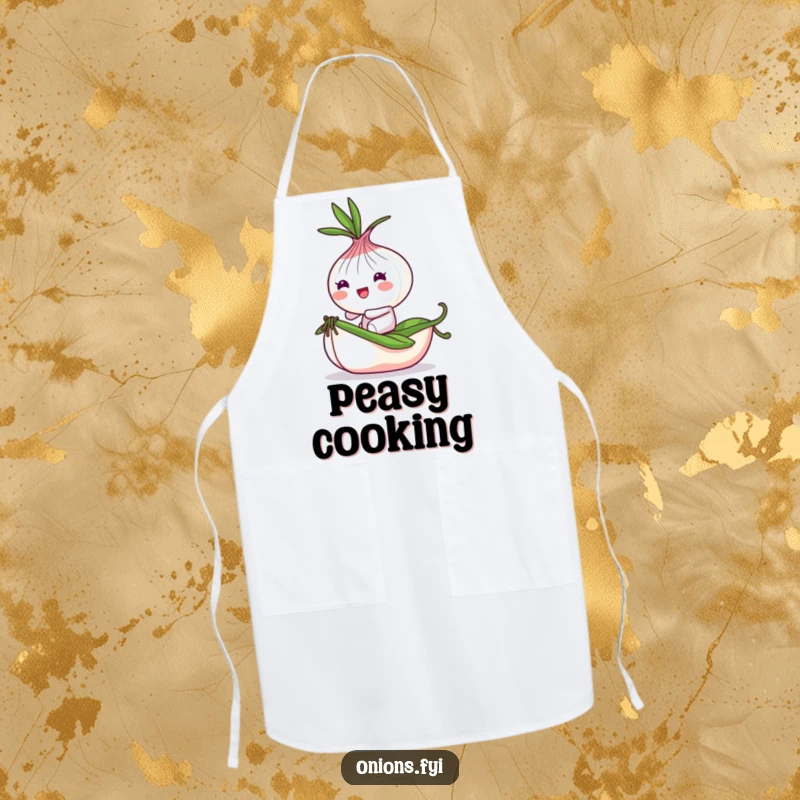 Funny Onion Apron: Playful onion character bounces on a tiny rolling pea, bringing whimsical humor to cooking.