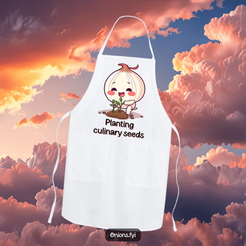 Funny apron featuring an onion character energetically planting a tiny seedling, perfect for garden or kitchen use.