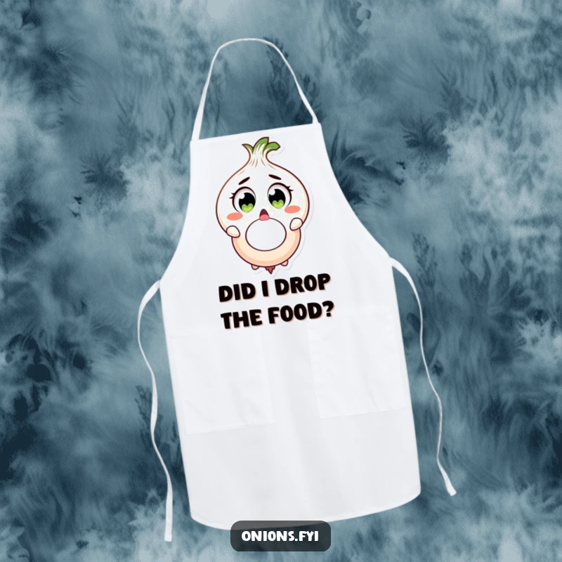 Funny onion character surprised, dropping large onion ring, kitchen apron, humorous and funny gift.
