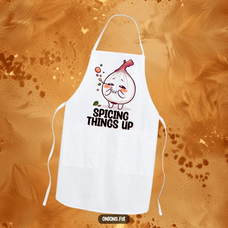 Funny apron showing an onion character sneezing a cloud of savory herb dust, ideal for kitchen protection and humor.