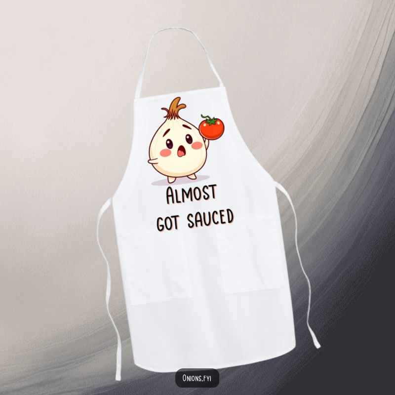 Funny onion character in an apron, reacting to a falling tomato, a humorous addition to any kitchen.
