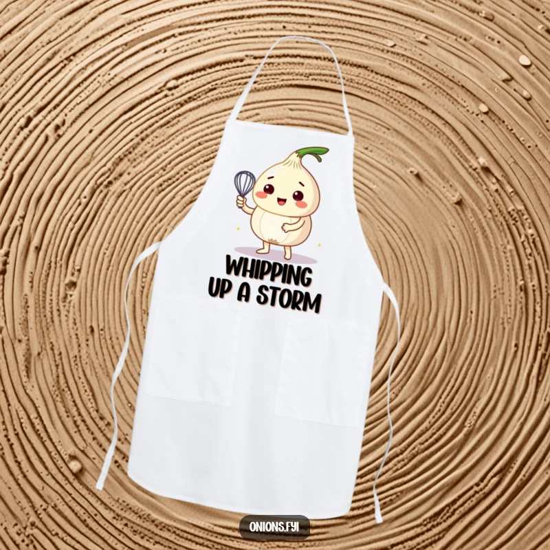 Funny apron showing an onion character creating a bubbly mixture with a tiny whisk, perfect for kitchen protection.
