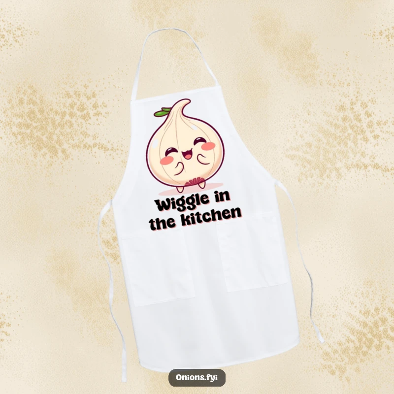 Funny Apron: Kawaii onion character doing a silly wiggle, bringing cute humor and charm to the kitchen. A unique funny gift.