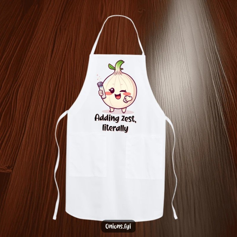 Funny Onion Apron: Mischievous onion character winks, holding a tiny salt shaker, perfect funny gift for cooks.