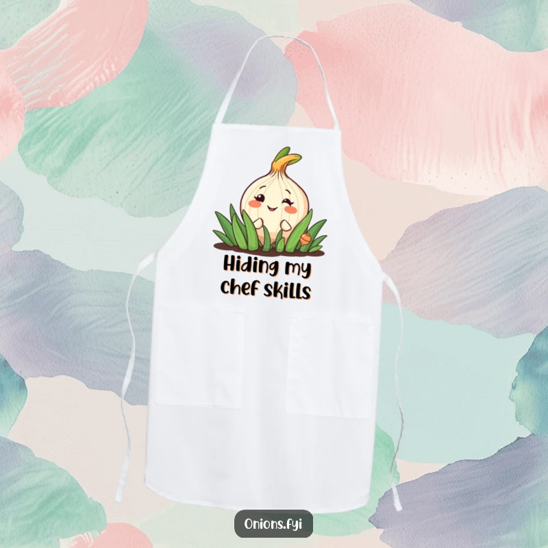 Funny apron showing a cheerful onion character peeking from a garden patch, ready for kitchen duty.