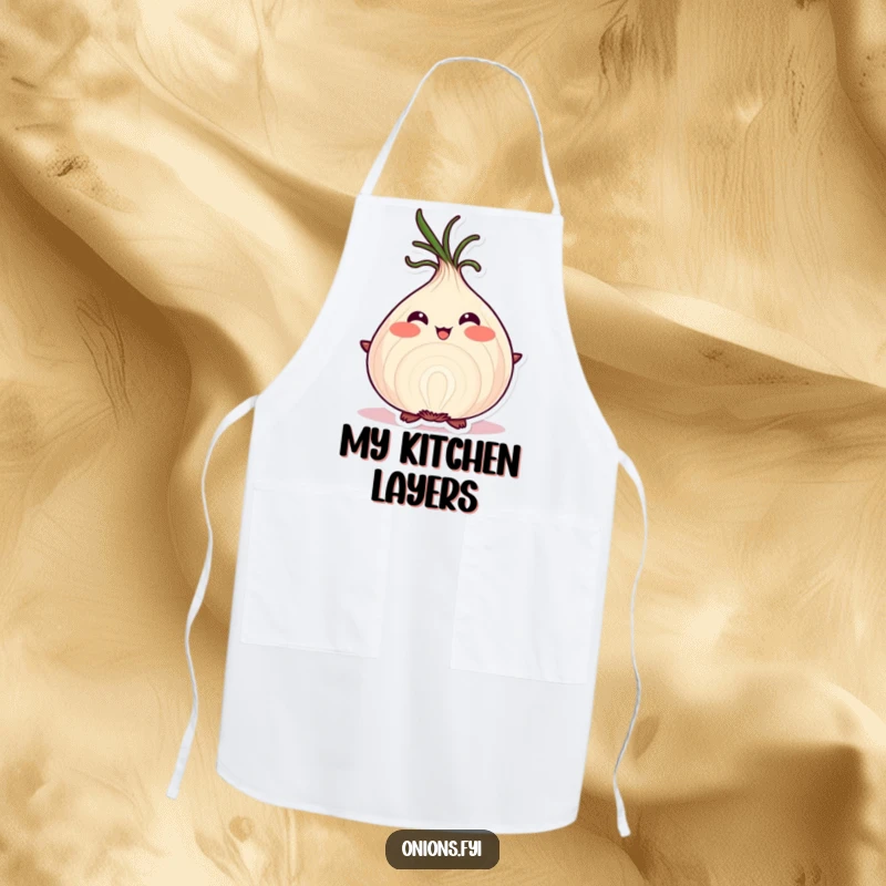 Funny onion character in an apron, blushing proudly while displaying its layered structure.